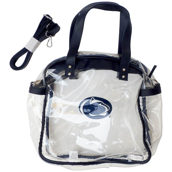 clear tote bag with screened Penn State Athletic Logo, navy accents, silver hardware, shoulder strap